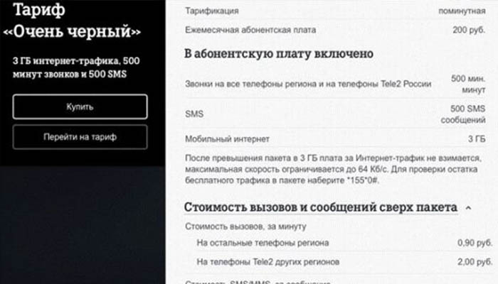как подключить тариф очень черный на теле2